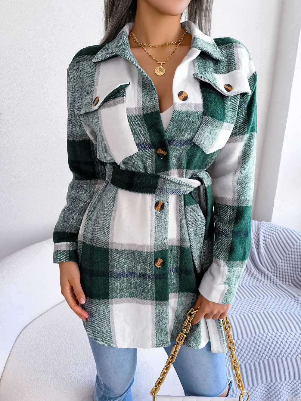 

Plaid Woolen Jacket Women Coat Autumn Fall Blends Classic Tartan Belt Y2k Shacket with Pockets Y2k Maxi Windbreaker Outwear