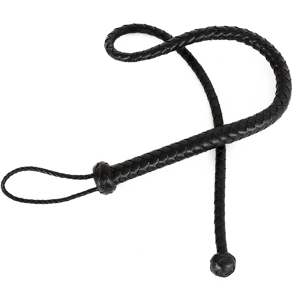 Black HorseWhip 124CM PU Leather BULLWHIP Horse Riding Whip Spherical Tail End with Wrist Strap