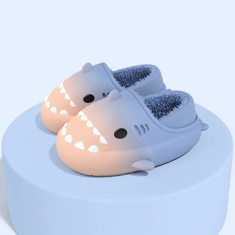 

2022 Hot Cartoon Shark Cotton Slippers Women Men Warm Winter Cute Shoes Parents Waterproof Indoor Outdoor Plush Soft Warm