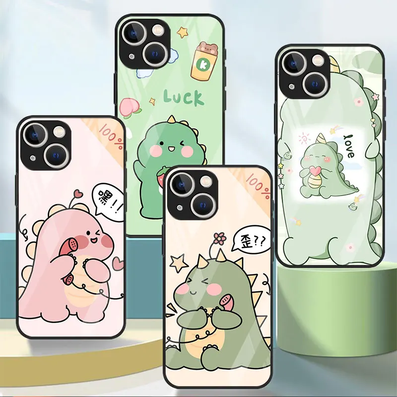 

Glass Case For Apple iPhone 11 14 13 Pro 12 7 8 Plus SE 2022 XR X XS Max 6 6S Tempered Phone Cover Little Dinosaur Cute Cartoon