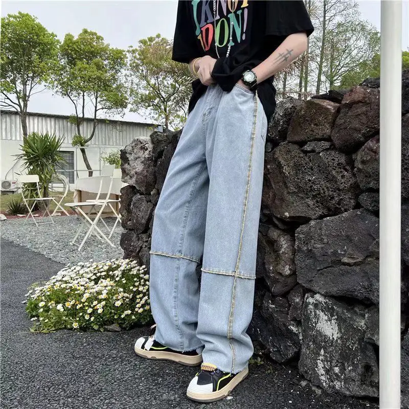 Oversized Free Shipping Men's Fashion Baggy Y2k Clothes Streetwear Vintage Cross Blue Jeans Mapping Casual Pants For Men