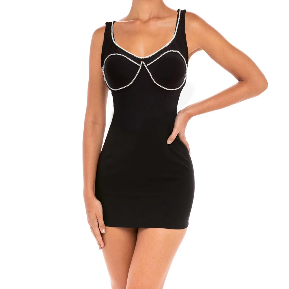 

Women Summer Style Sleeveless Backless Crystal Dimand Sexy Mini Bodycon Bandage Dress Fashion Evening Club Elegant Black Vestido