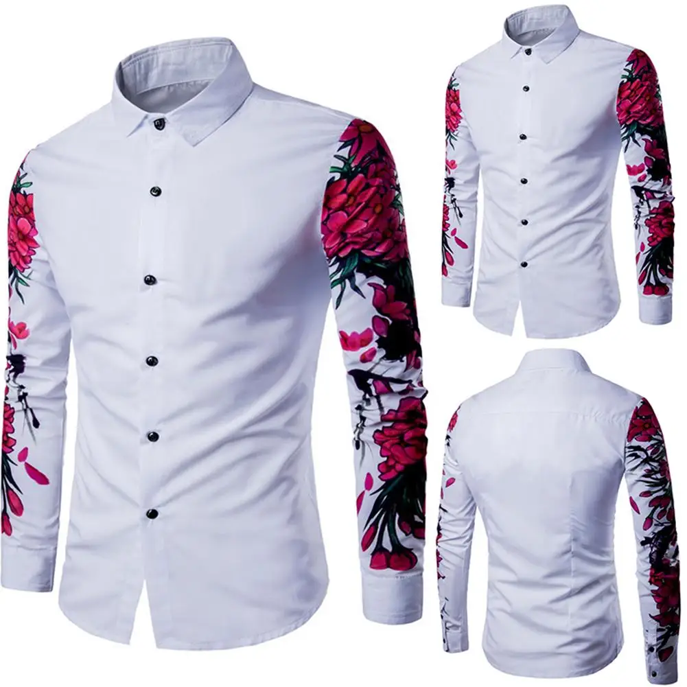 New Fashion Spring Summer Casual Men's Shirt Men Solid Color Floral Print Long Sleeve Buttons Down Slim Shirt Blouse