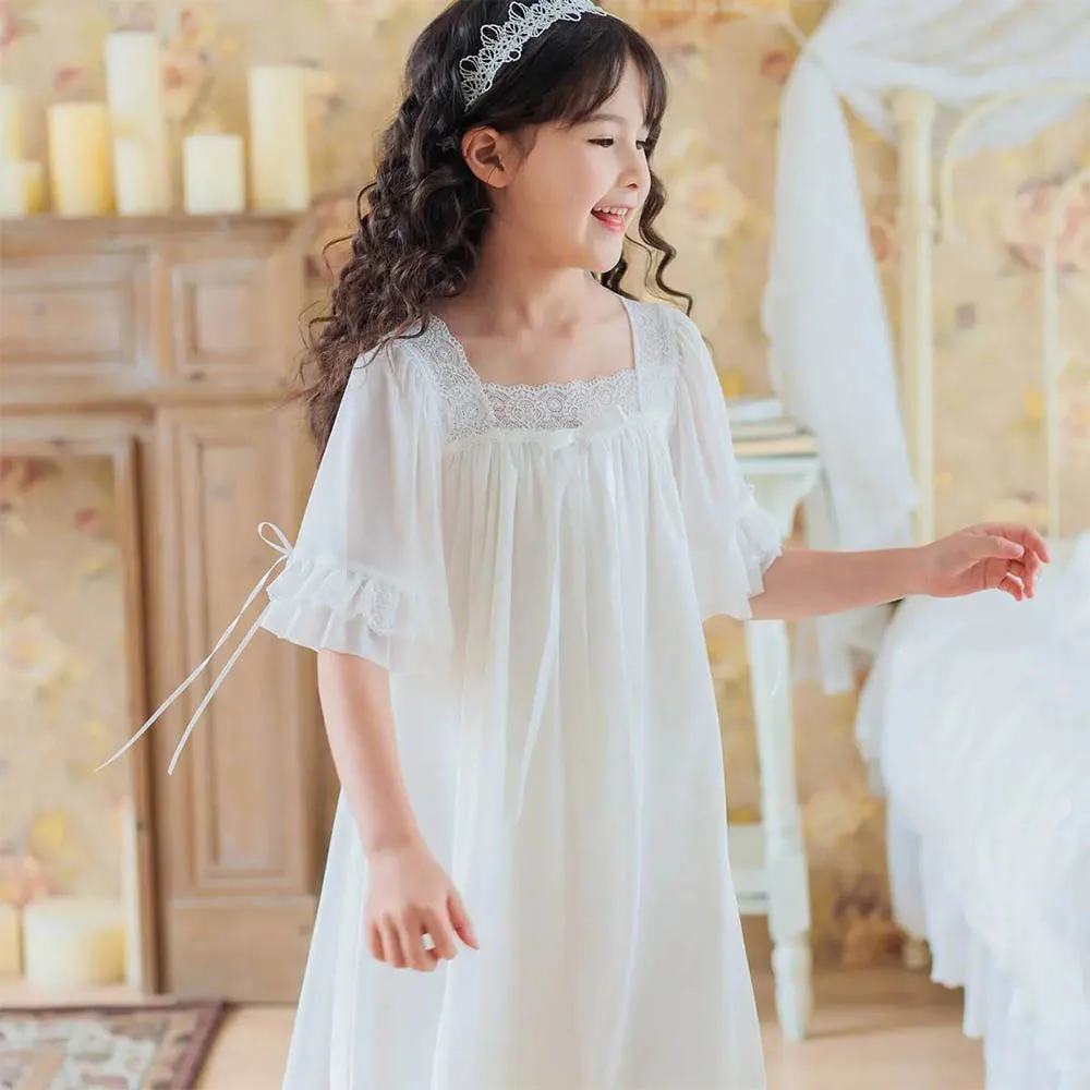 

2022 New Spring Summer Girls Princess Nightdress Shortsleeve Long Homewear Girls Lace Mesh Modal Pajamas for 4-13 Years Old