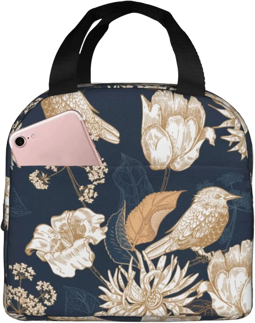 

Flowers And Birds Lunch Bag Portable Reusable Tote Bags Insulated Cooler Lunch Box For Men And Women Office Picnic