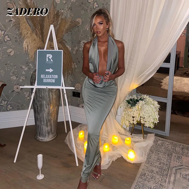 

Sexy Halter Deep V Neck Backless Bodycon Maxi Dresses Women 2022 Elegant Pile Collar Solid Color Sleevless Evening Party Dress