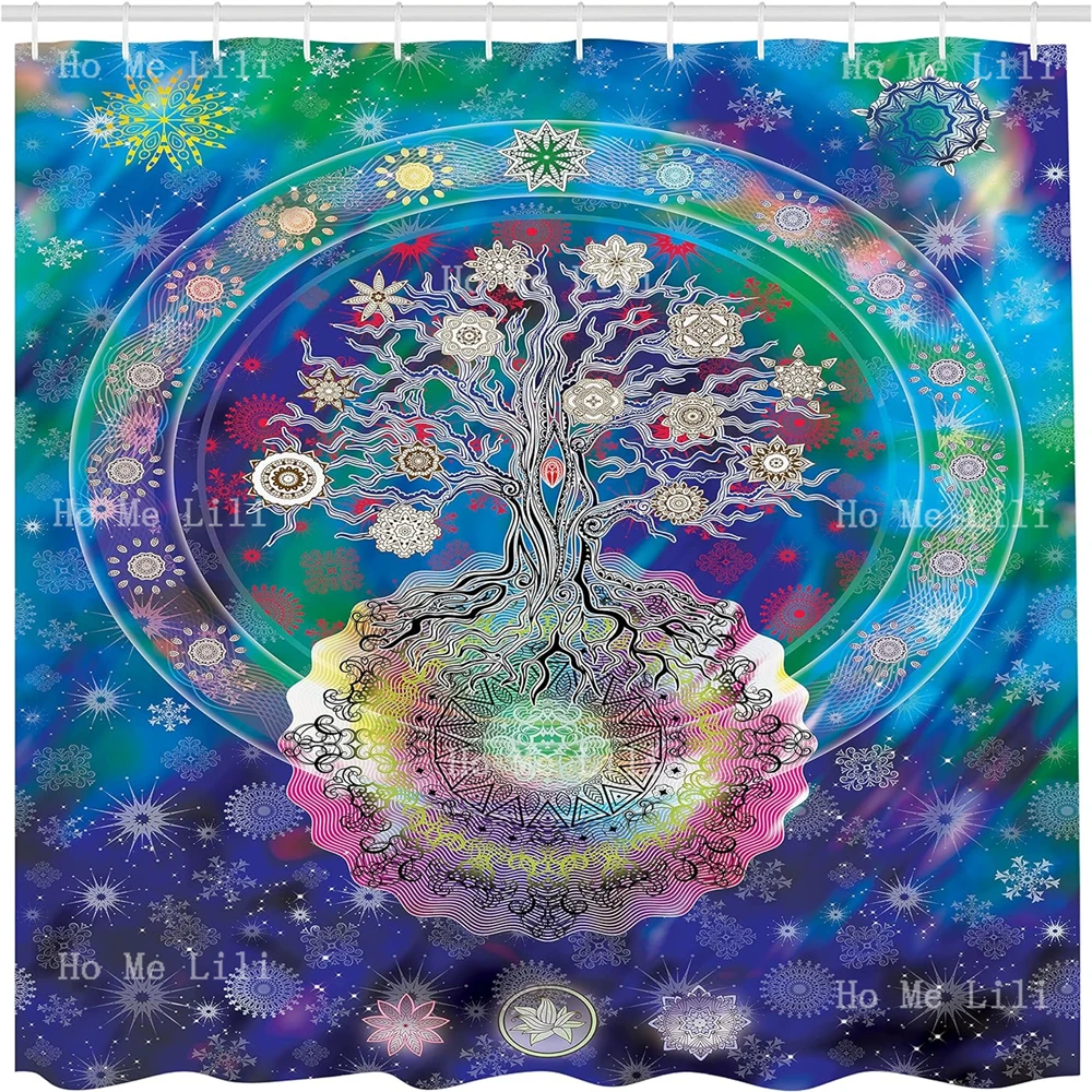 Тканевая занавеска для душа с изображением мандалы дерева жизни и цветов