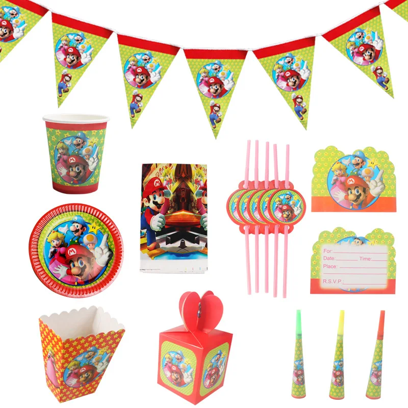 

Super Mario Theme Birthday Party Decorations Supplies Tableware Napkins Flags Baby Tablecloth Plates Cups Mario Gifts Toys Set