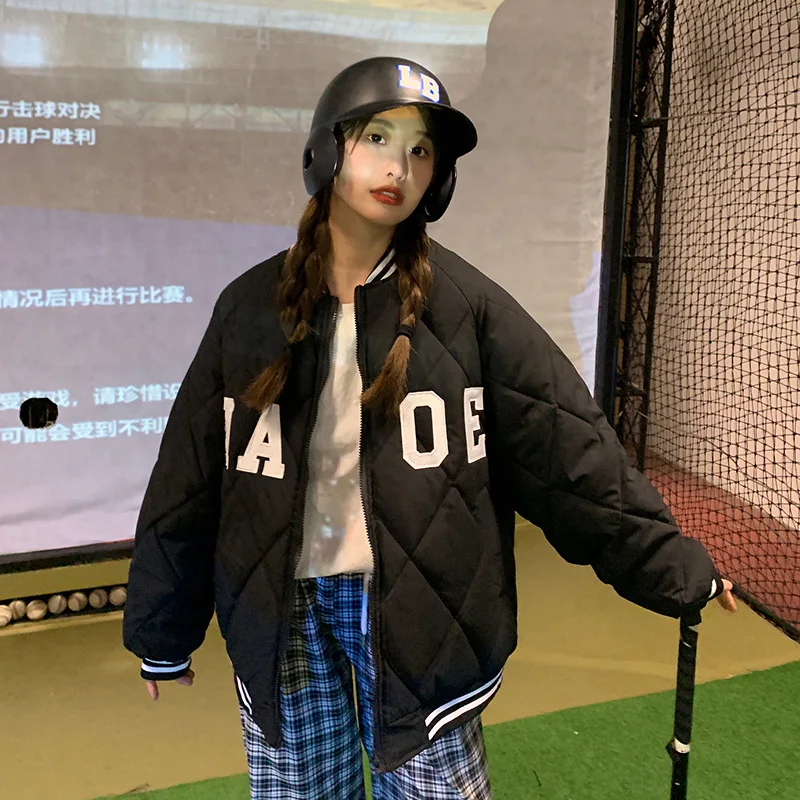 Baseball Collar Down Cotton Jacket Men's and Women's Winter Diamond Plaid Jacket Korean Popular Thickening Warm High Street Top