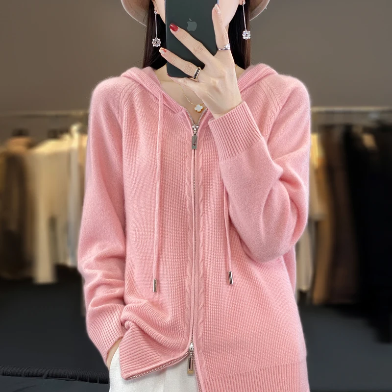 Новый шерстяной свитер-кардиган на осень и зиму женская рубашка с капюшоном