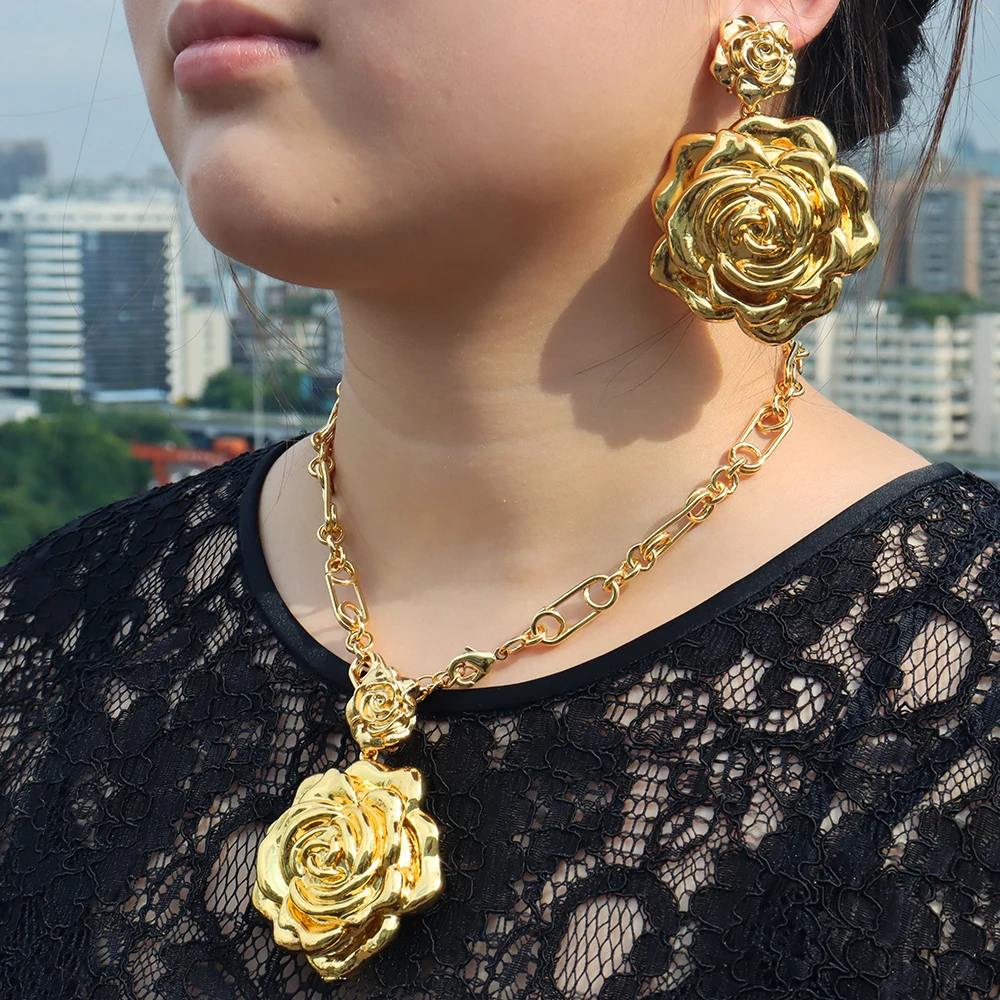 

5pcs Elegant Jewelry Set Large Flower Style Copper Gold Plated Big Drop Earrings Necklace Fashion Jewelry Set Pendante With Gift