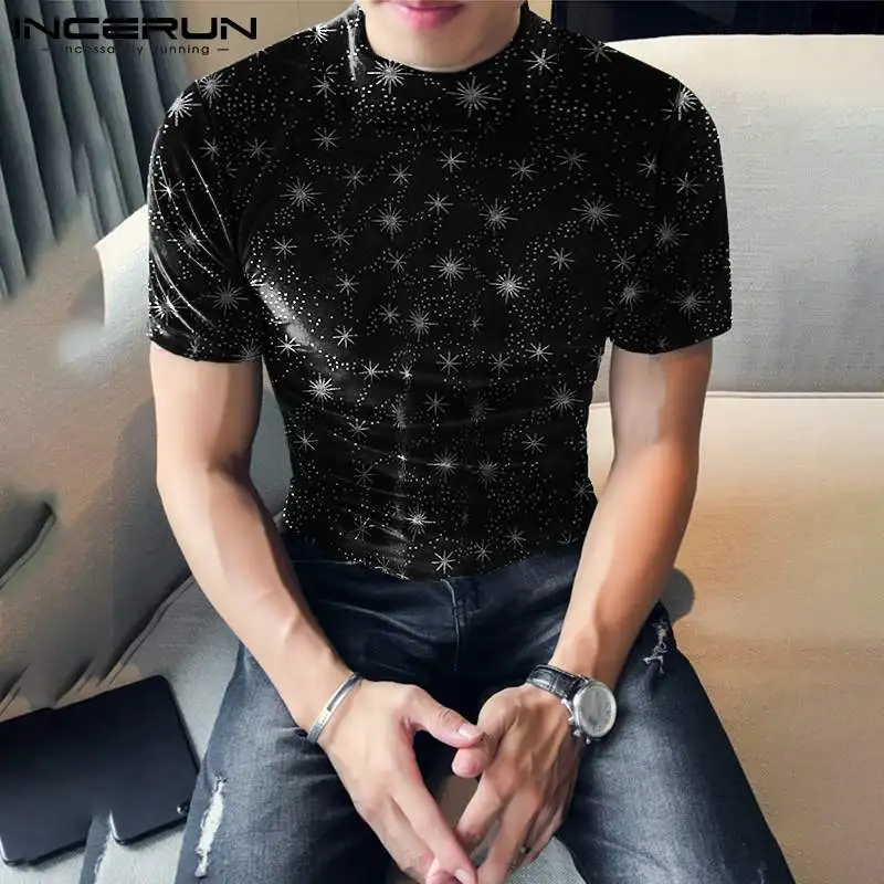 

2022 Men Casual T Shirt Printed Turtleneck Velour Short Sleeve Fashion Men Clothing Fitness Streetwear Camisetas INCERUN S-5XL