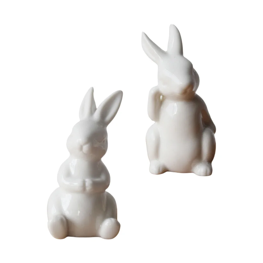 

2pcs Easter Rabbit Decors Ceramics Craft Rabbit Figurines Desktop Ornaments