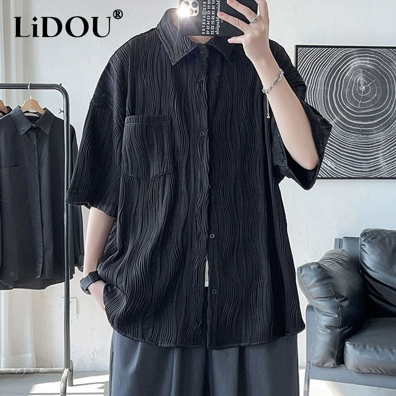 

2023 Summer New Pleated Solid Color Turn-down Collar Half Sleeve Shirt Man Korean Style Fashion Loose Casual Street Cardigan