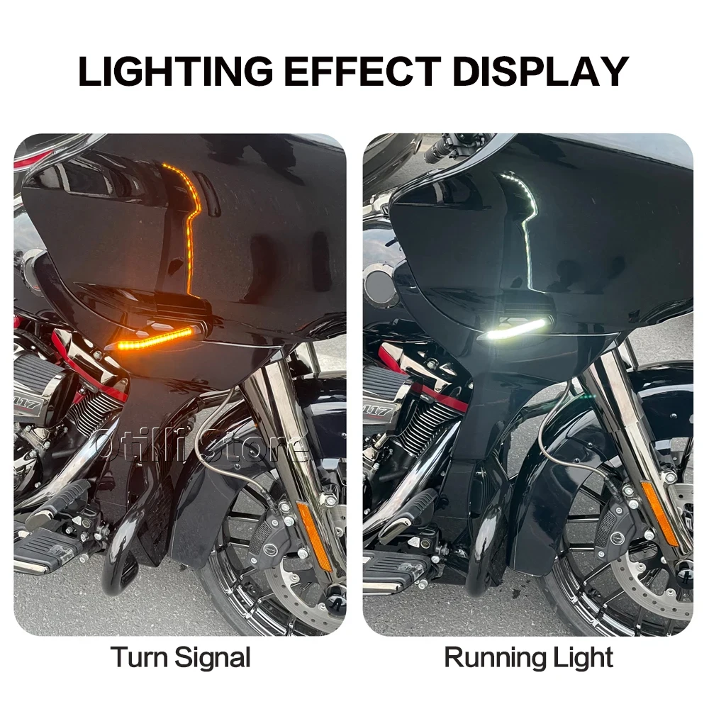 Фото Новинка для Road Glide FLTRX FLTRK FLTRU 2015-2023, боковые светодиодные указатели поворота мотоцикла, струящиеся огни, двойные мигающие лампы, черные №3