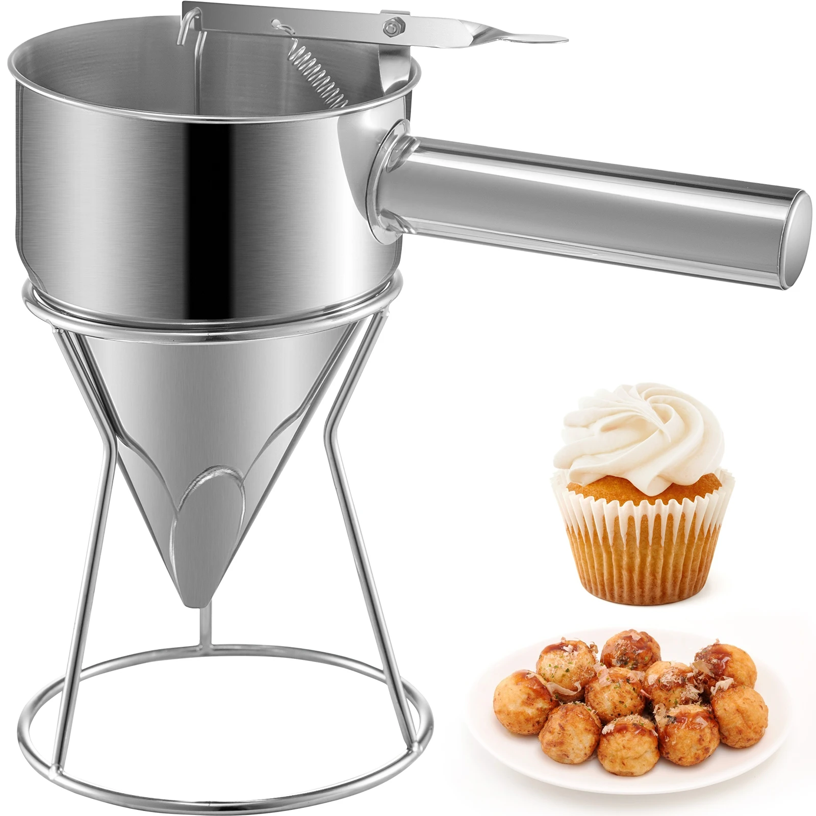 

VEVOR 1L Batter Funnel Dispenser Stainless Steel with Handle & Rack Churros Machine Crepe Maker for Kitchen Bakery Waffles Home