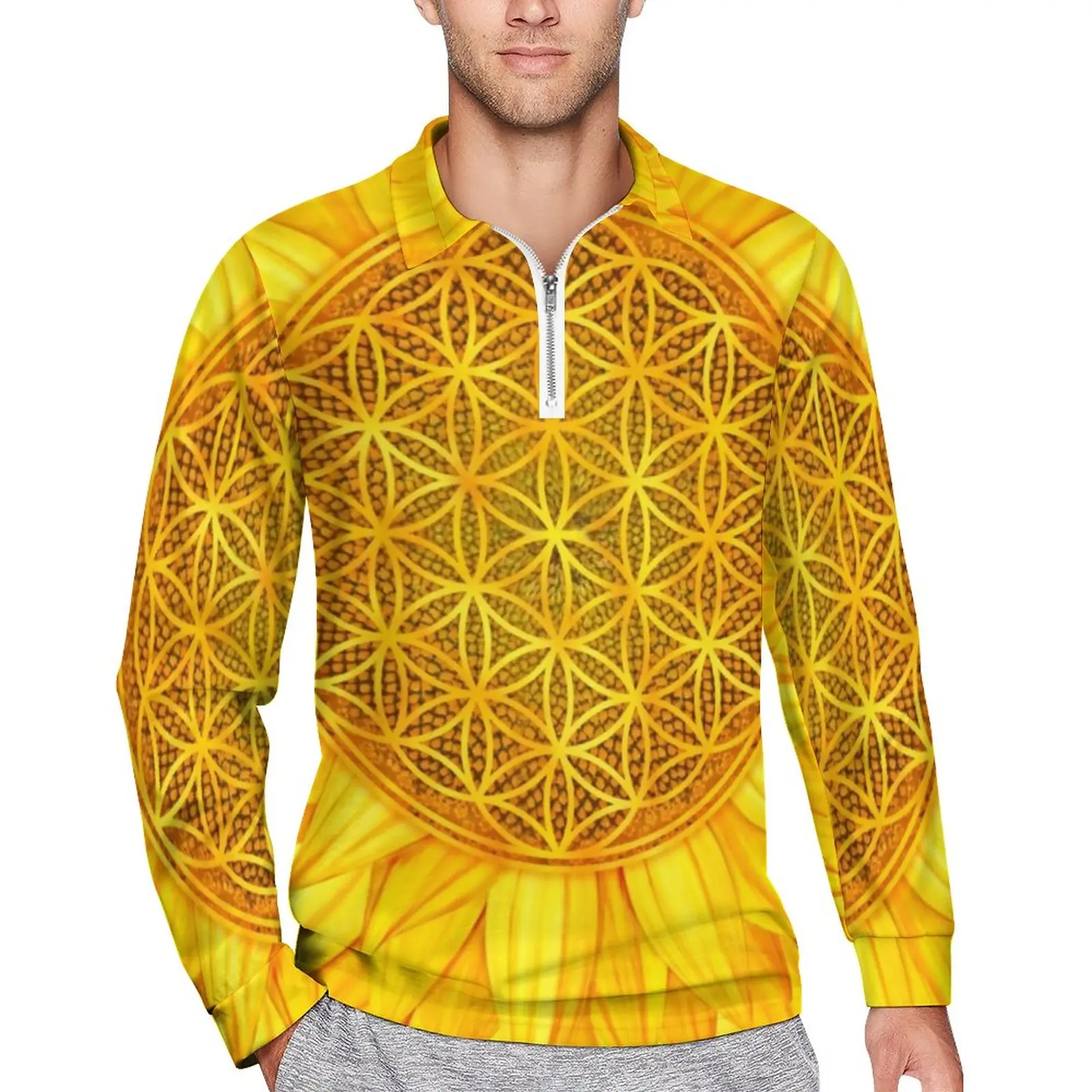 

Big Sunflower Print Loose Polo Shirt Men Flower of Life Long Sleeve Casual T-Shirts Vintage Autumn Design Shirt Big Size 4XL 5XL