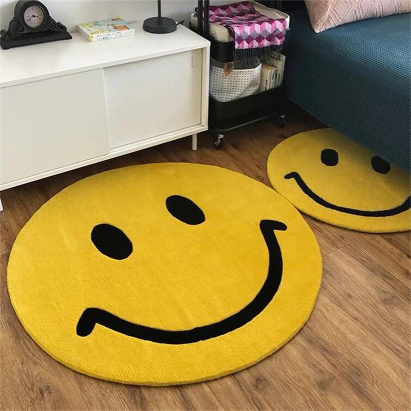 

Smile Carpets Modern Yellow Smiley Round Carpet for Living Room Bedroom Children's Room Rug Furry Floor Mat Kids Room Shaggy Mat