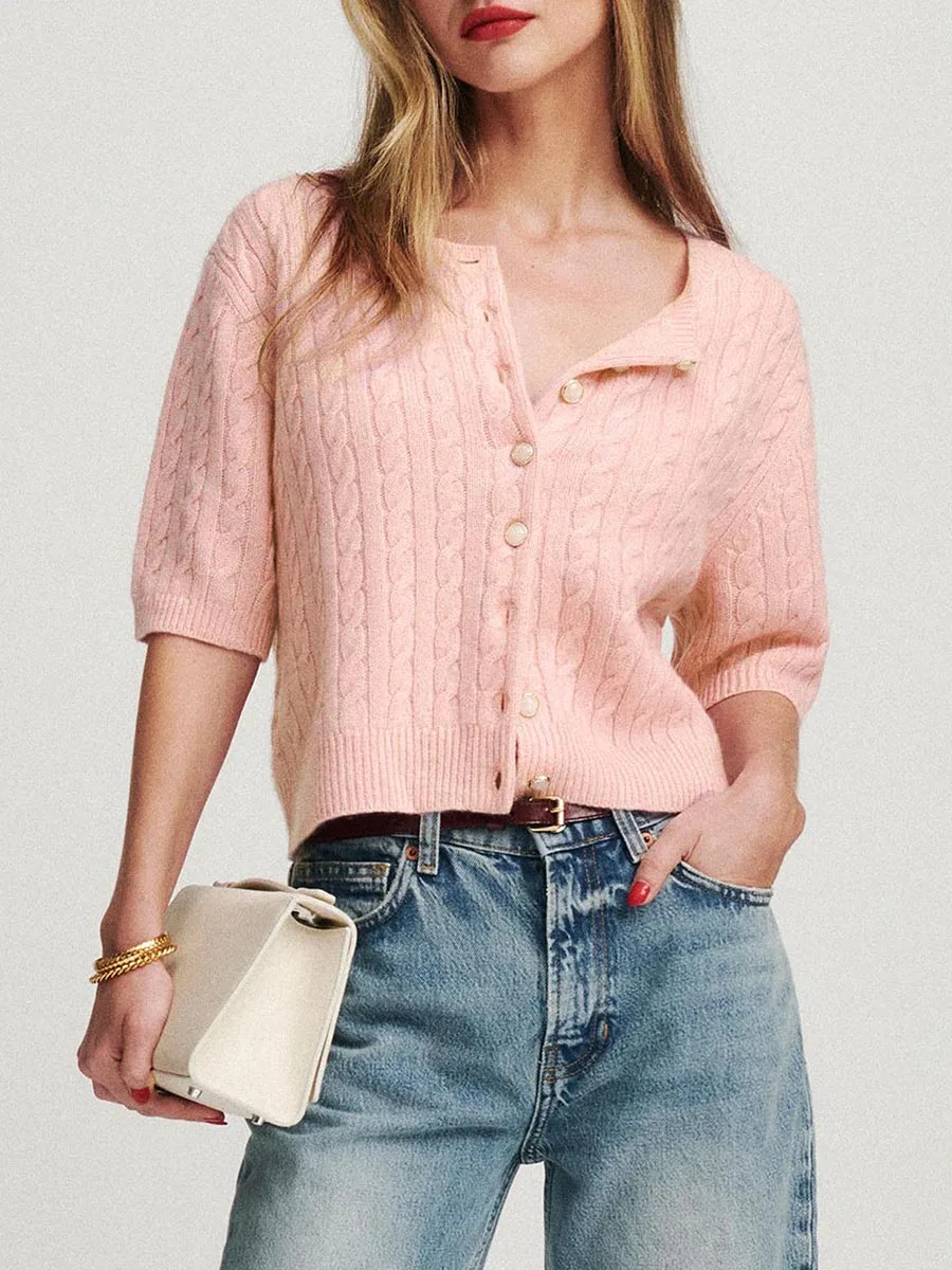 Women Fashion Cashmere Cardigan Solid Color Button Down Short Sleeve Sweater Summer Casual Soft Knit Tops