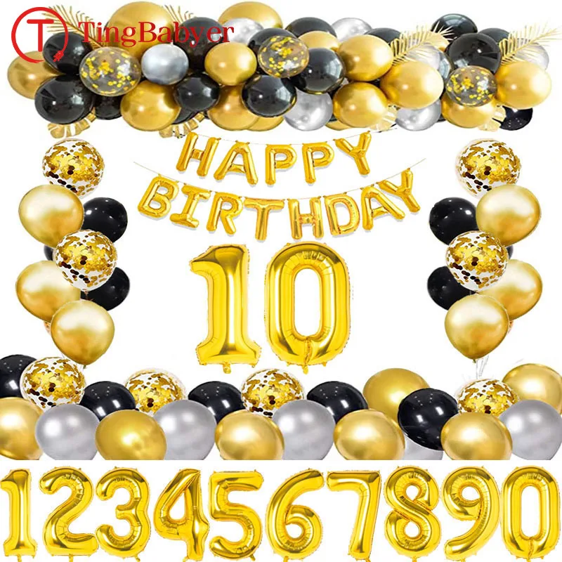 

81 шт., золотистые и черные фотообои, украшения для вечеринки в честь Дня Рождения, для взрослых и детей 1, 3, 5, 10, 11, 15, 25, 30, 35, 40, 50, 60 лет