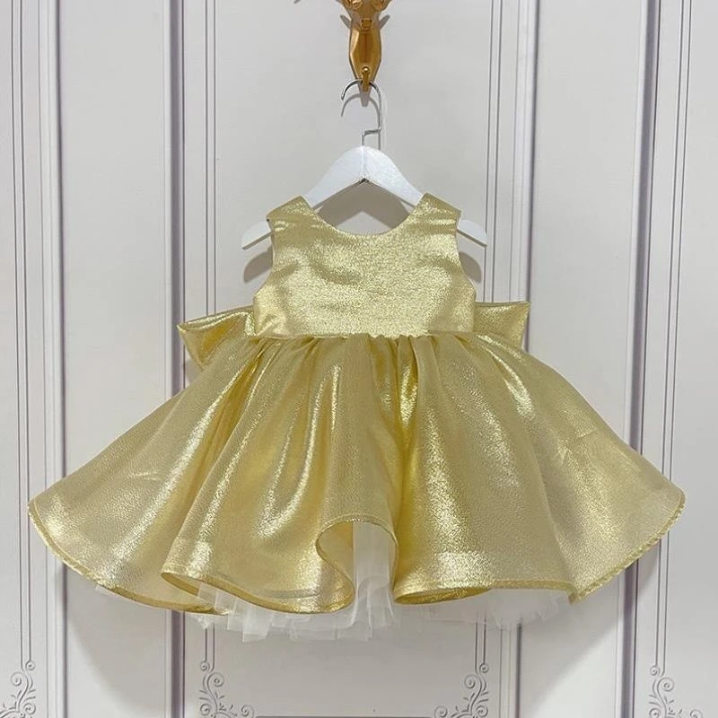 

Children's New Evening Gown Bow Sleeveless Design Wedding Birthday Baptism Party Girls Golden Dresses For Eid L1910
