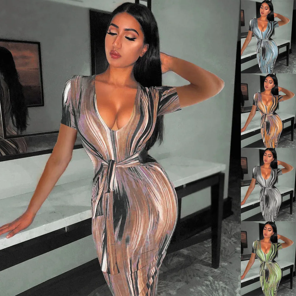 

Summer Women Abstract Colorful Print Dresses Sexy Slim Stripe High Stretch Pencil Dress
