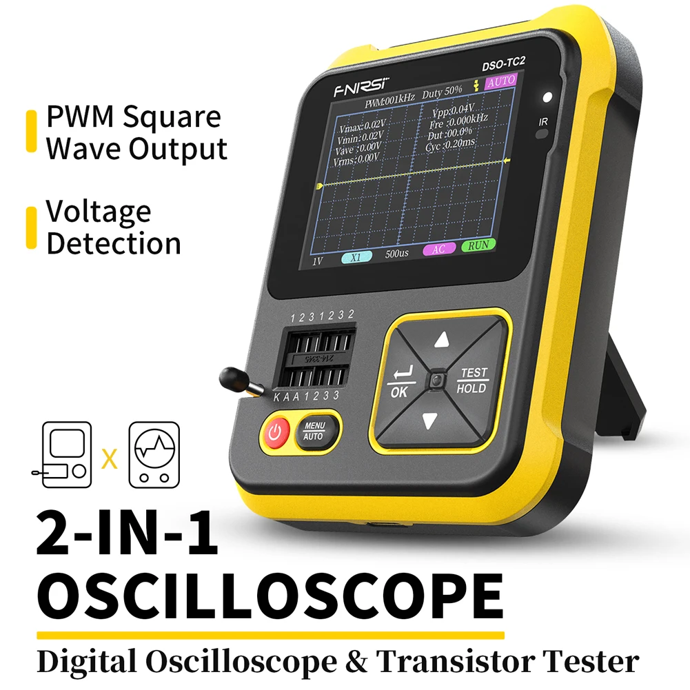 

FNIRSI 2 In 1 Digital Oscilloscope 200kHz Bandwidth Transistor Tester Testing Tool PWM Square Waves Output 2.4In with Backlight