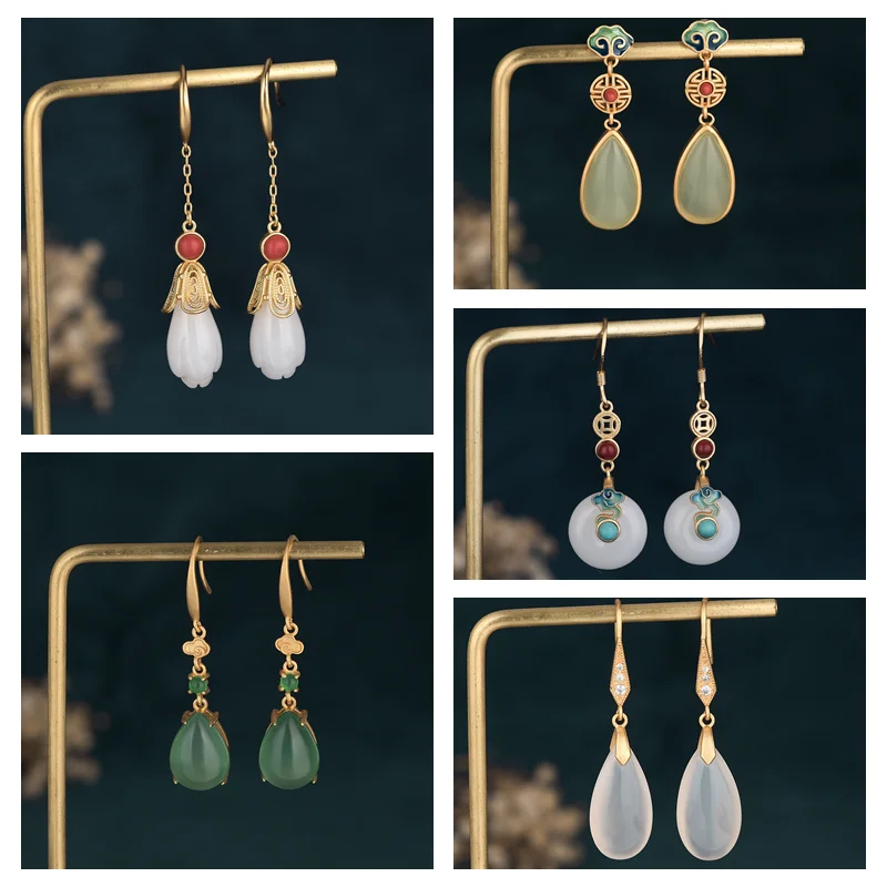 

925 Sterling Silver Ear Needle Natural Jade Chalcedony water-drop Pendant Stud Earrings vintage Earrings Party Wedding Jewelry