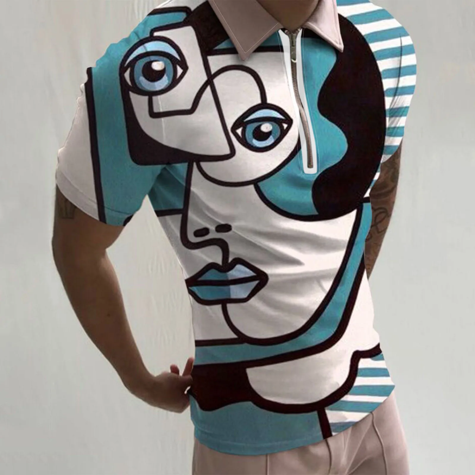 

Men S T Shirts Male Casual Print Zipper Turn Down Collar Blouse Short Sleeve Tops Shirt Quick Dry Clothe