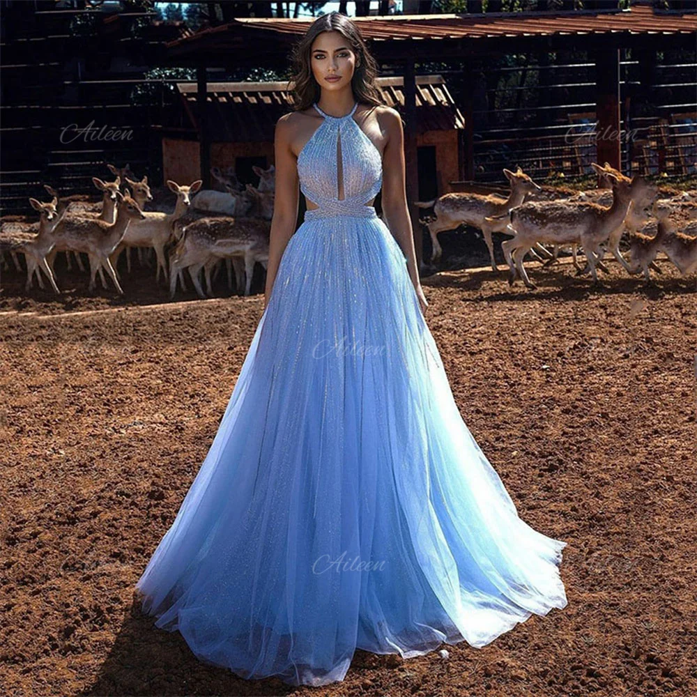 

Hanging Neck Graduation Dress Women Elegant Luxury A-line Evening Gown Blue Formal Dresses for Official Occasions Shiny Robe