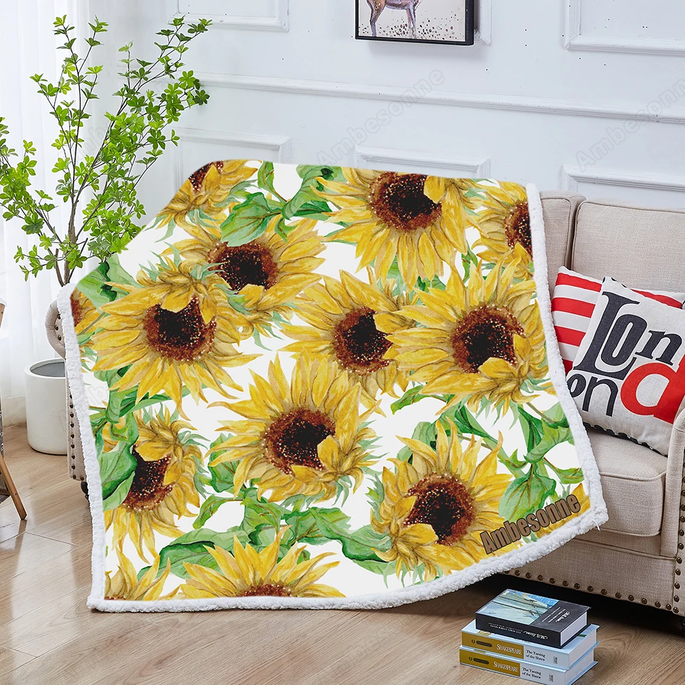 

Yellow Sunflowers Painted In Watercolor Bed Blanket Seamless Pattern Design Sherpa Blanket Colorful Fluffy Blanket