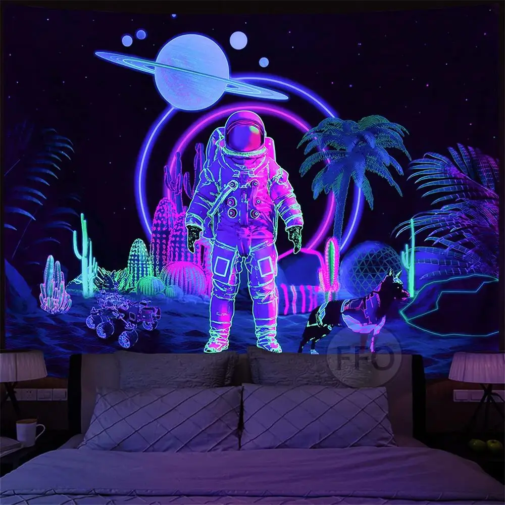 

Гобелен настенный с рисунком планеты, астронавта, черсветильник, пальма, кактуса, неоновый гобелен в эстетике, украшение для дома
