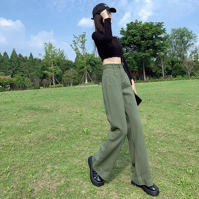 Real time high waisted jeans for women in 2023 high street spring and summer army green loose fitting wide leg pants