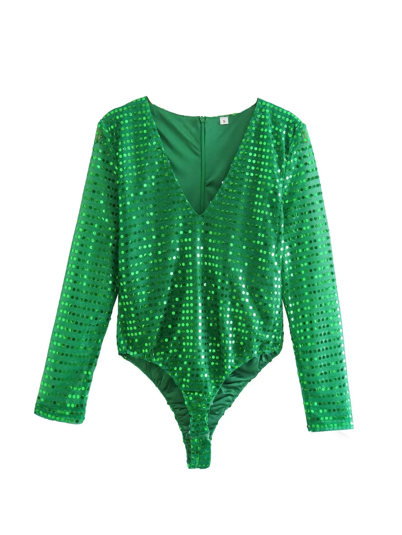 

Women Sexy Green Sequined Bodysuit V-neck Long Sleeve Elastic Slim Jumpsuit