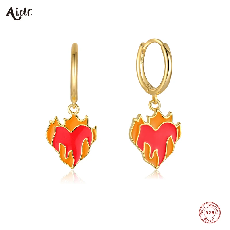 

Aide 925 Sterling Silver Unique Orange Red Enamel Flame Heart Shape Charm Dangle Earrings For Women Summer Earrings Party Jewel