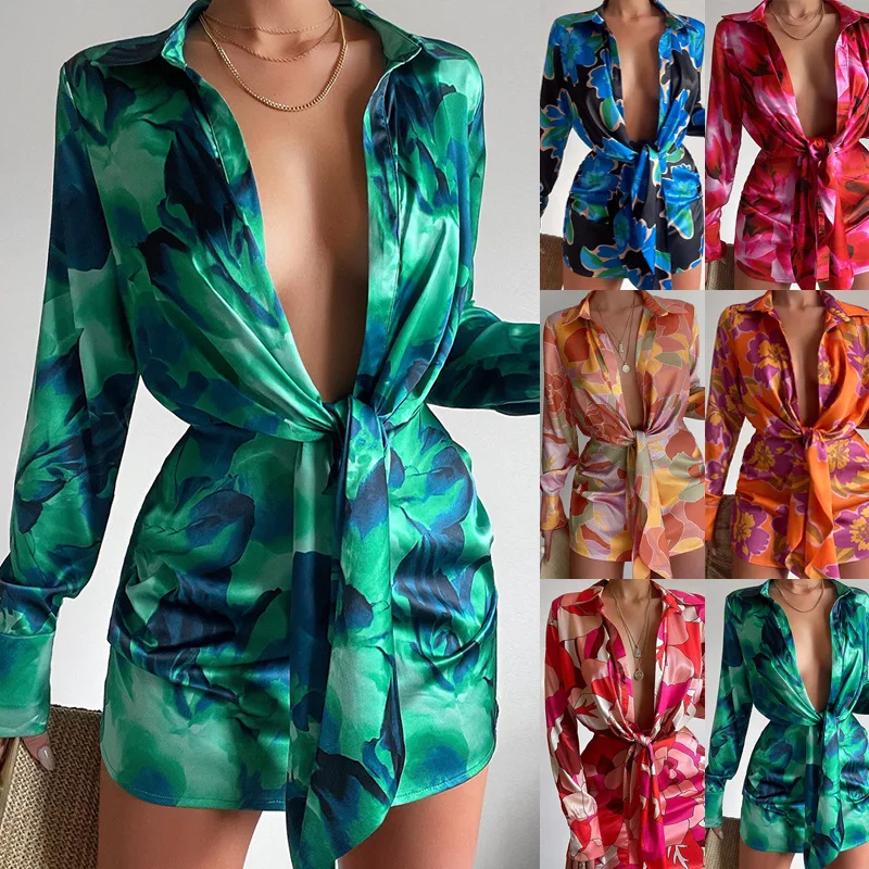 

Women's Dress Summer Autumn Fashion Lace-up Printed Dress Women's Casual Long Sleeve V-neck Turn-down Collar High Waist Dress