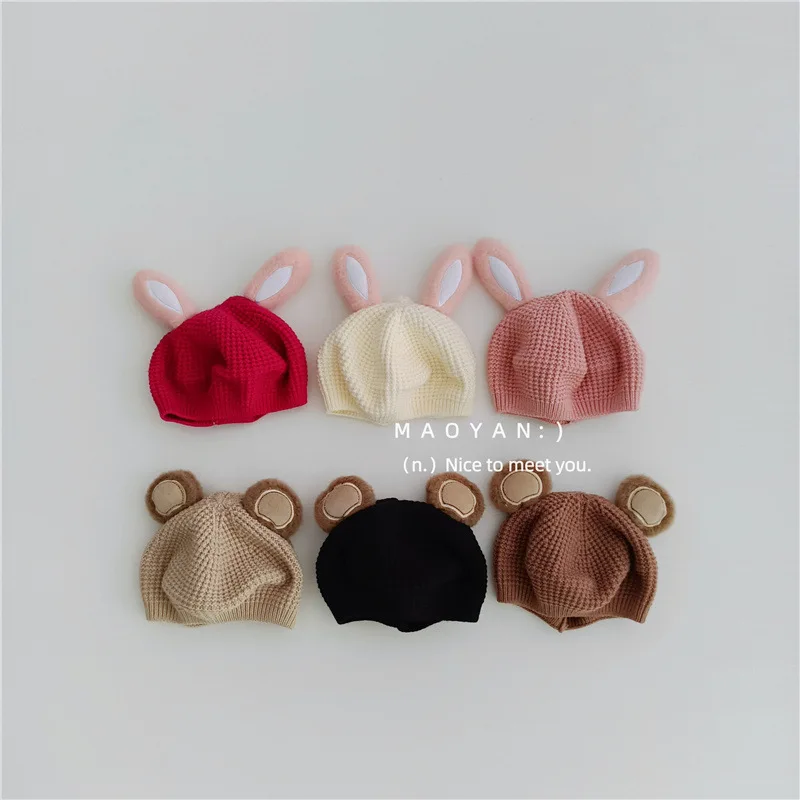 

New Cute Kids Bunny Ear Bear Hats Korean Kawaii Beret Caps Knit Cartoon 3D Hats for 2-6 Years Old Infant Toddler Boys Girls