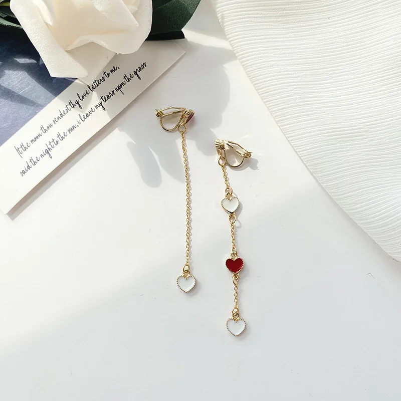 

Korean Earrings Heart Tassel Clip Earrings Love Tassel Chain Clip on Earrings Fake Piercing Minimalist Earring Party Jewelry