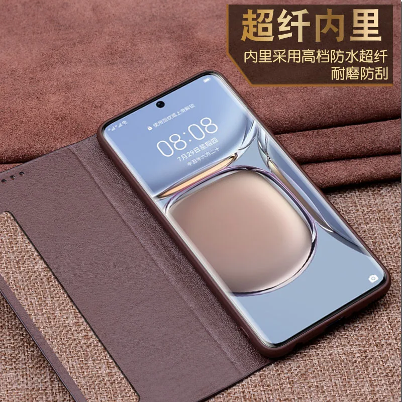 Hot New Luxury Genuine Cow Leather Magnetic Window Flip Cover Mobile Phone Book Case For Huawei P50 Pro Plus + Phone Cases Funda