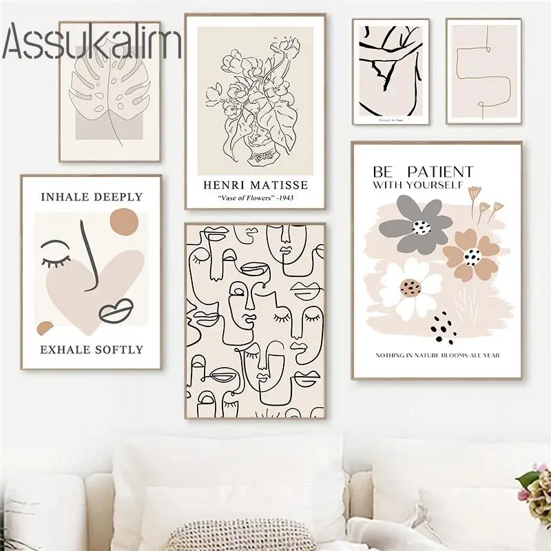 

Beige Matisse Art Posters Abstract Face Leave Flower Print Pictures Line Drawing Canvas Painting Nordic Wall Art Bedroom Decor