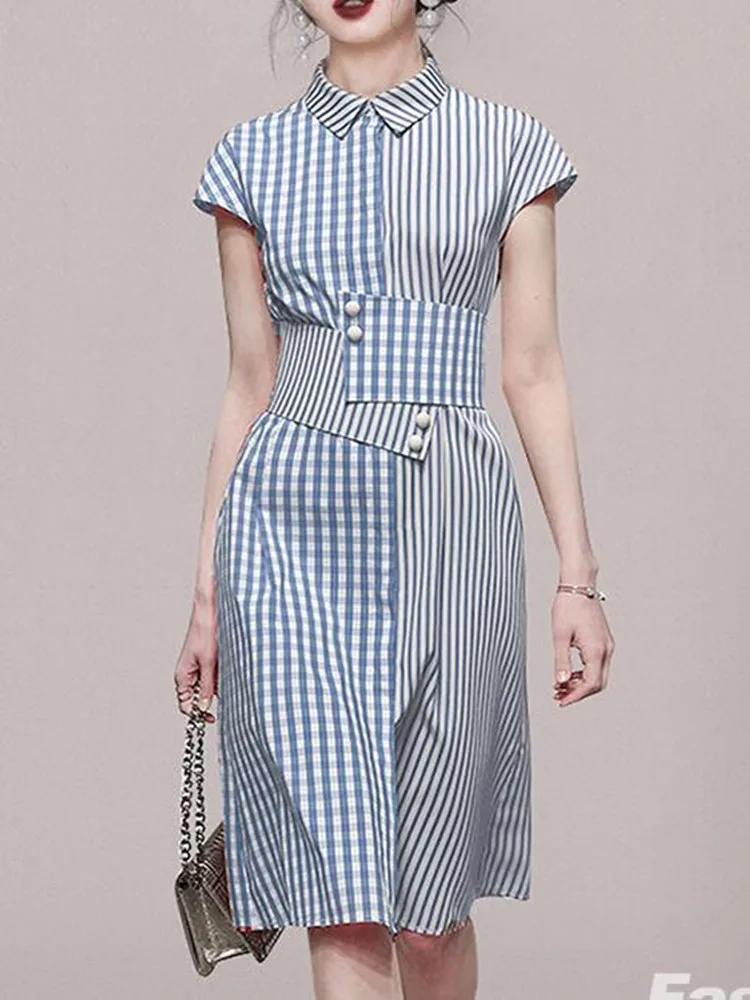 Женское винтажное платье SMTHMA повседневное пляжное миди в клетку летнее |