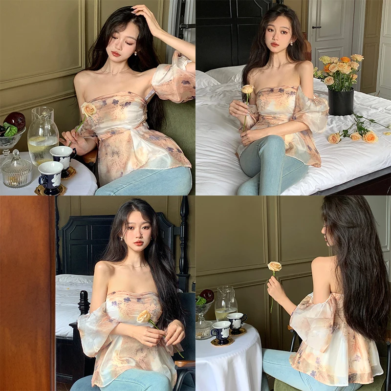 Женская летняя шифоновая блузка с открытыми плечами Свободный пуловер цветочным