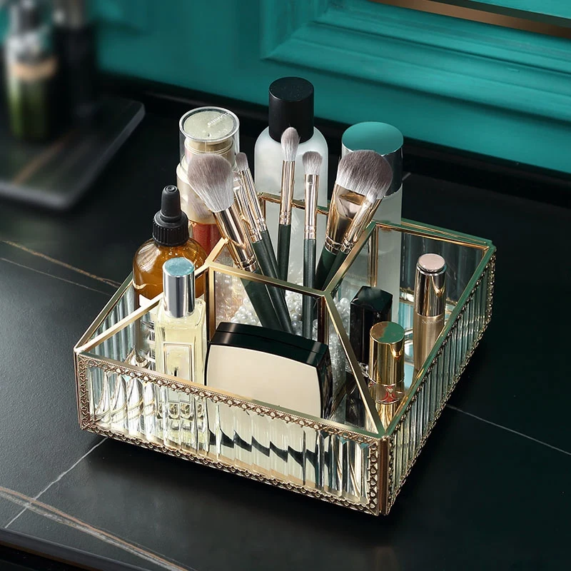 

Luxury Glass Makeup Box Rotating Cosmetic Storage Box Jewelry Brush Pencil Lipstick Holder Make Up Tool Case Organizer