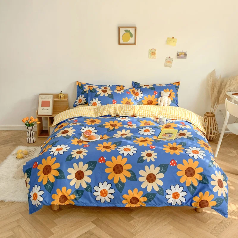 

Flower Pattern Bedding Set,210x210 Duvet Cover Set With Pillowcase, 220x240 Quilt Cover,Yellow Plaid King Size Blanket Cover