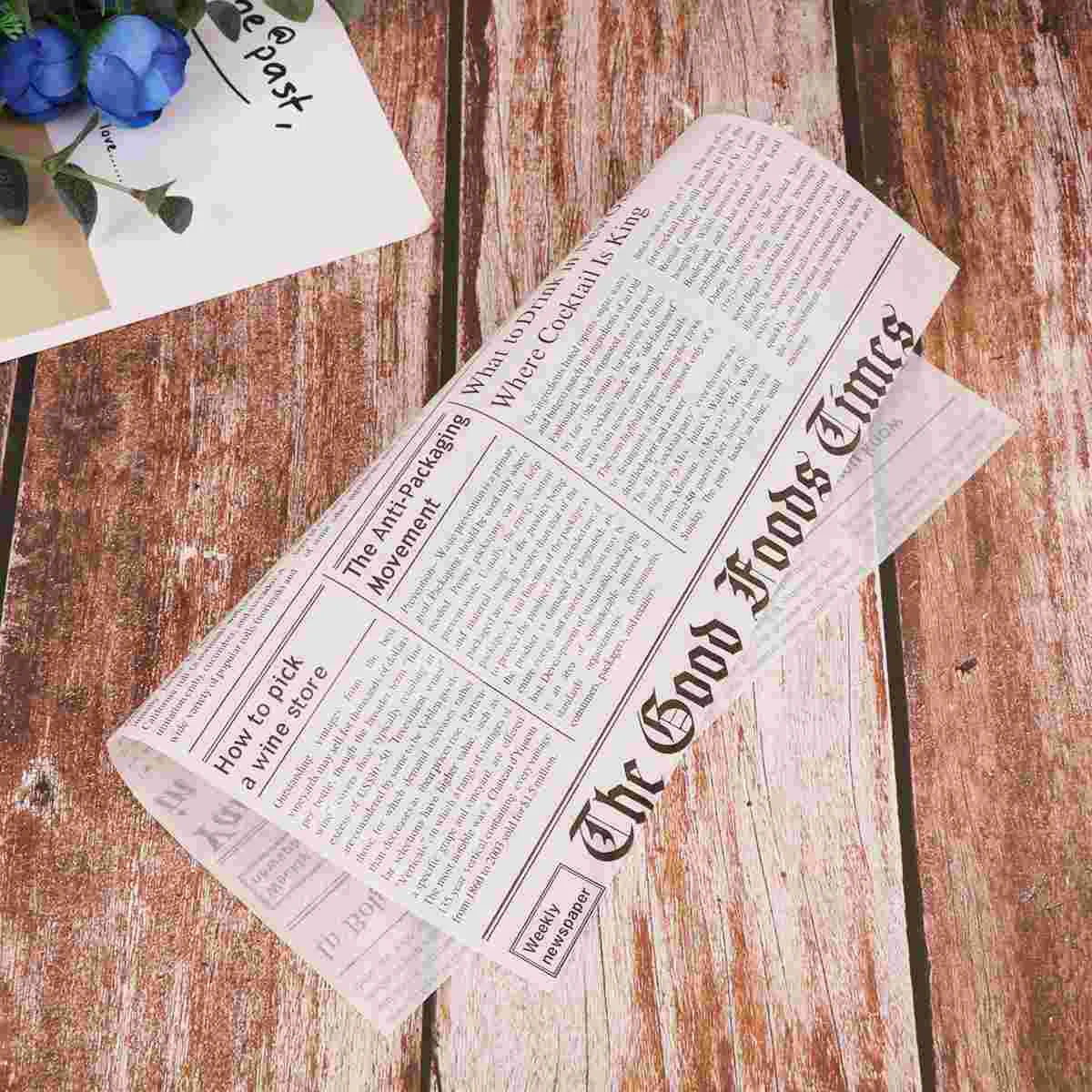 

50 Pcs Simulation Newspaper Style Food Basket Liners Disposable Bread Wrapping Tissue Newsprint Baking Paper Sheets (White)