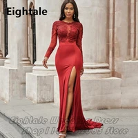 2022 arabic red mermaid long sleeve evening dresses sexy slit jersey prom dress lace appliques formal party gown robes de soiree