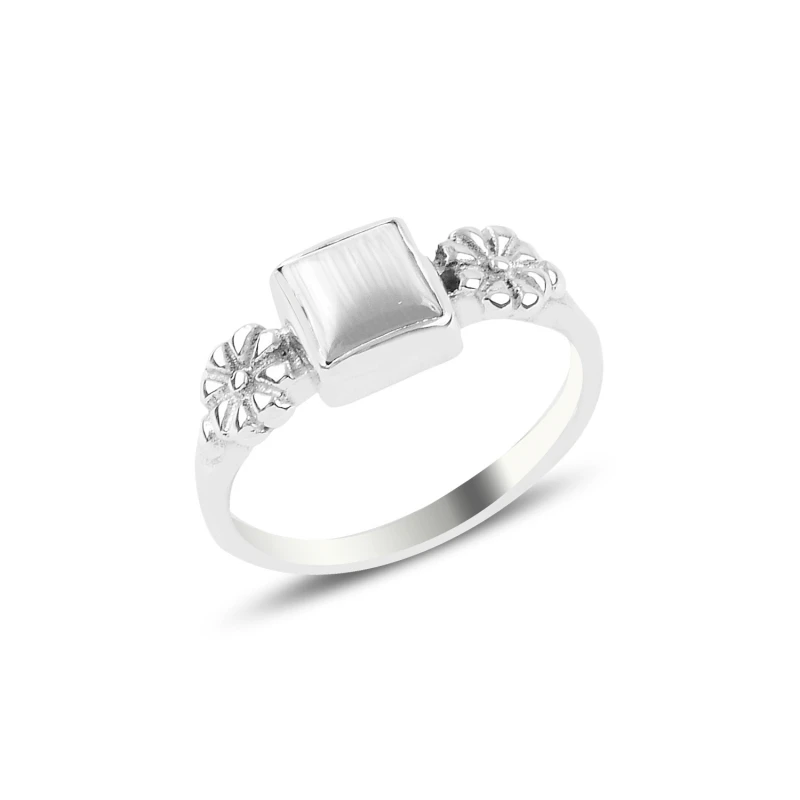 

Silver 925 Sterling White Cat 'S Eye Daisy Pattern Engagement Ring