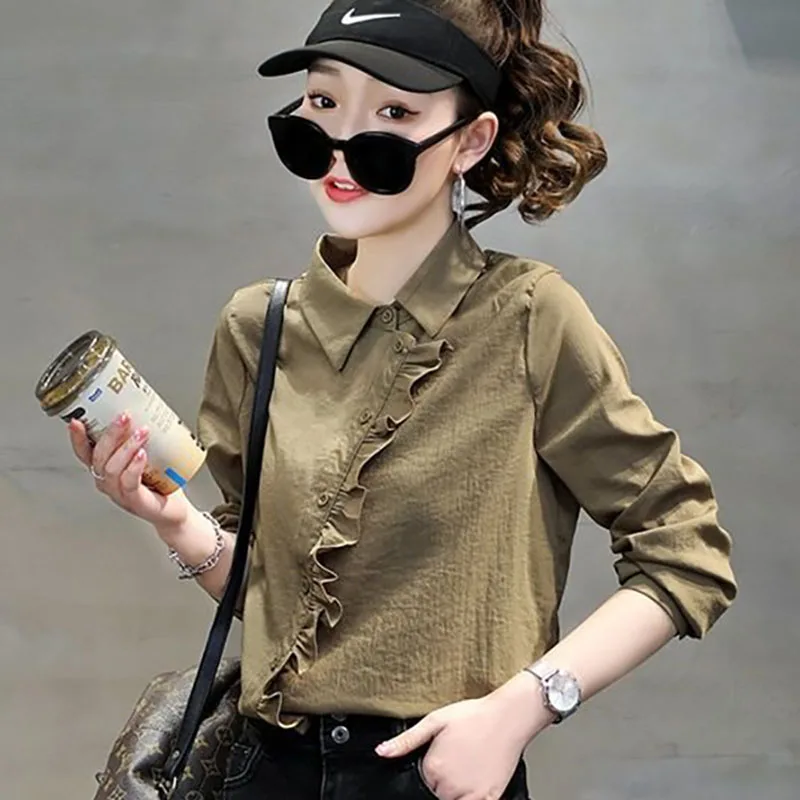 

Fashion Lapel Spliced Asymmetrical Ruffles Shirts Women's Clothing 2023 Autumn Winter Loose Casual Tops Asymmetrical Blouses