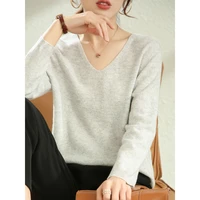 2022 spring and autumn new 100 wool knit ladies v neck long sleeve solid color sweater loose fashion top versatile pullover