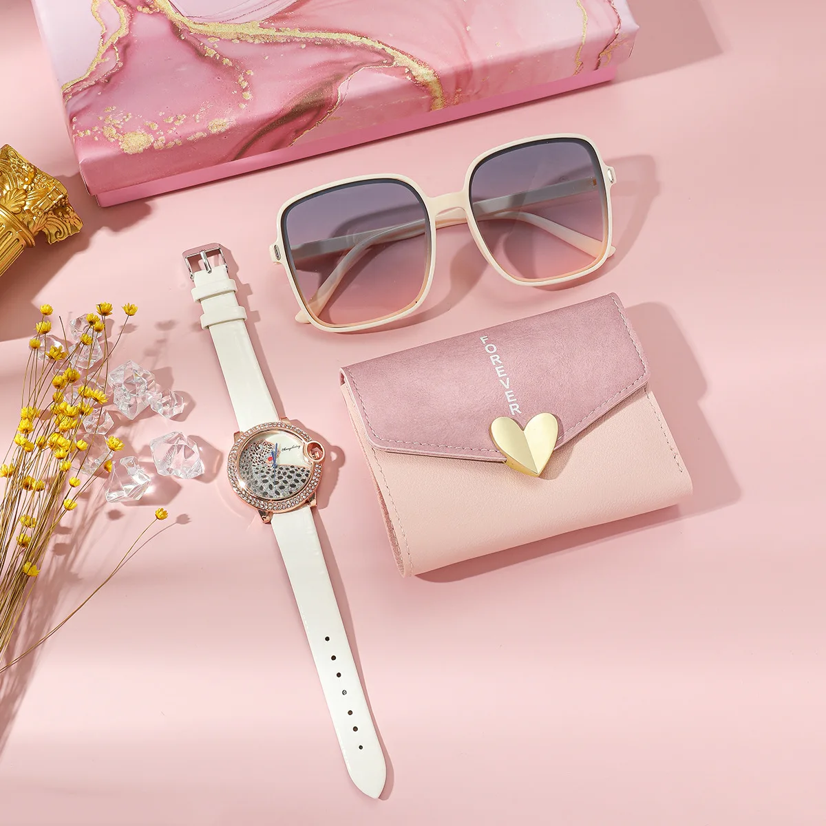3Pcs Set Fashion Womens Watches Set with Box Luxury Quartz Watch Wallet Sunglass Wristwatch Set Gifts Box for Wife Girlfriend